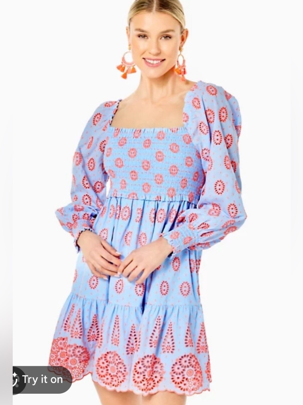 Lilly Pulitzer Rainna Eyelet Smocked Dress Blue Peri Chambray Preppy Resort‎